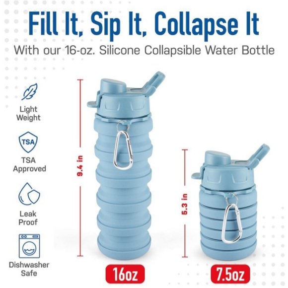 Collapsible Gray Water Bottle with Carabiner - Picture 2 of 6